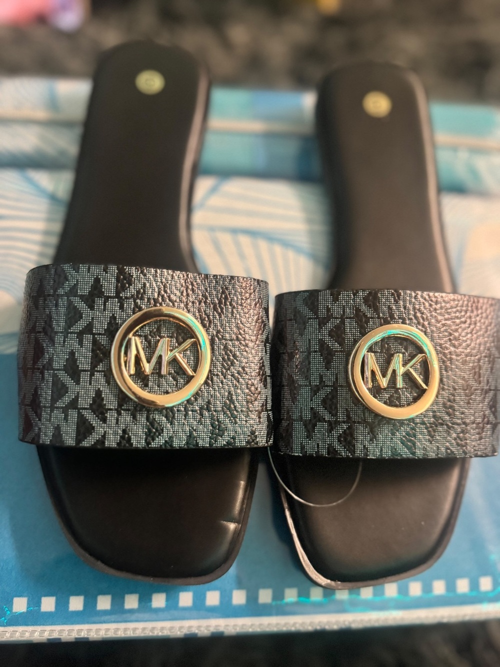 Michael Kors Black MK Logo Slide Sandals with Gold Emblem